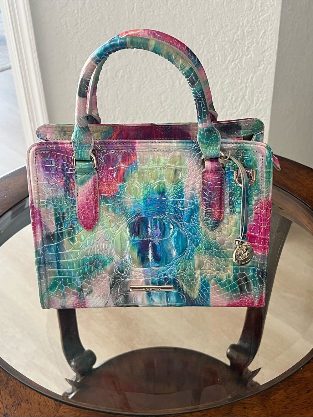 Brahmin Multicolor Croc-Embossed Satchel - Pink, Blue & Green